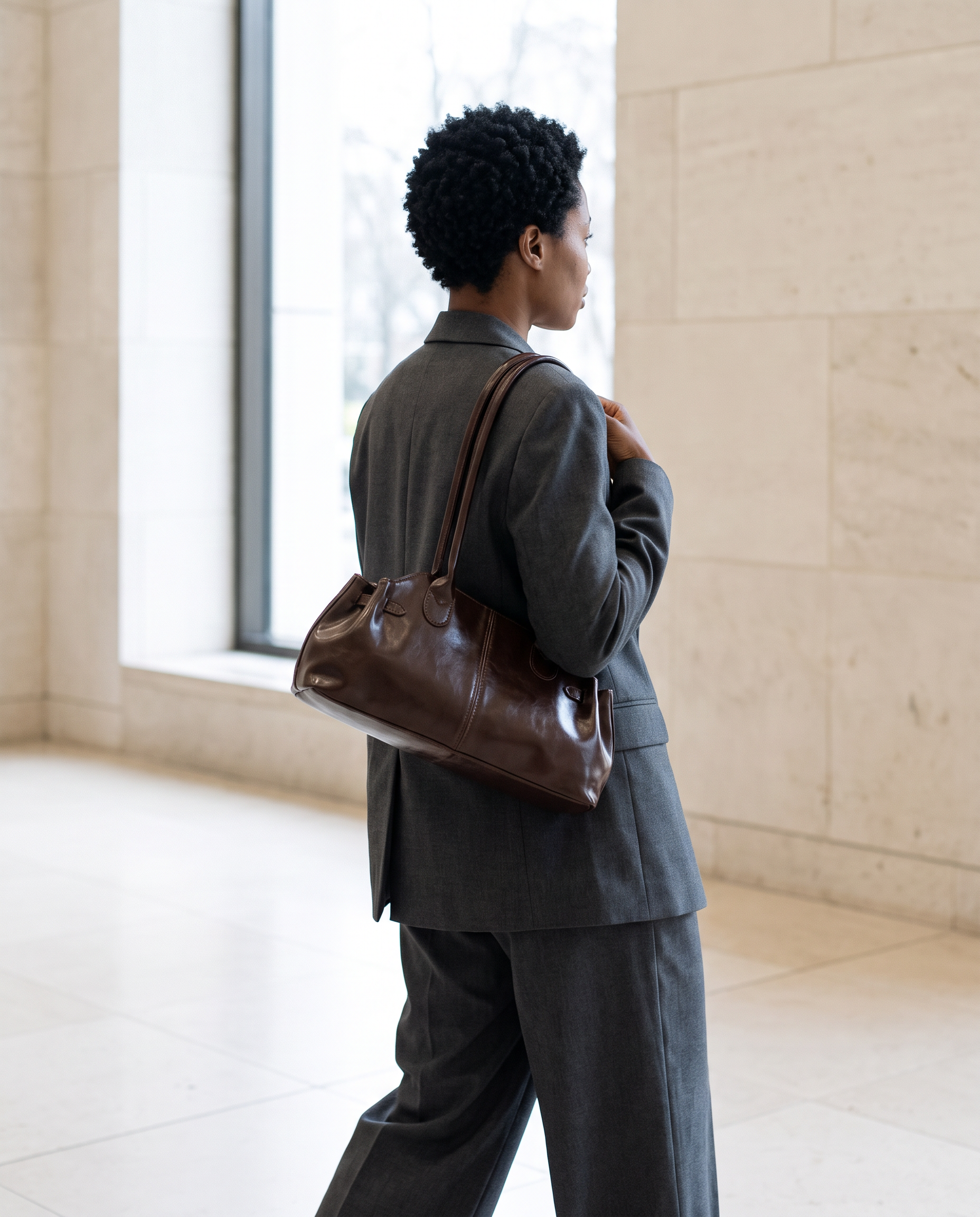 Mujer con el bolso de hombro Aura chocolate y traje gris