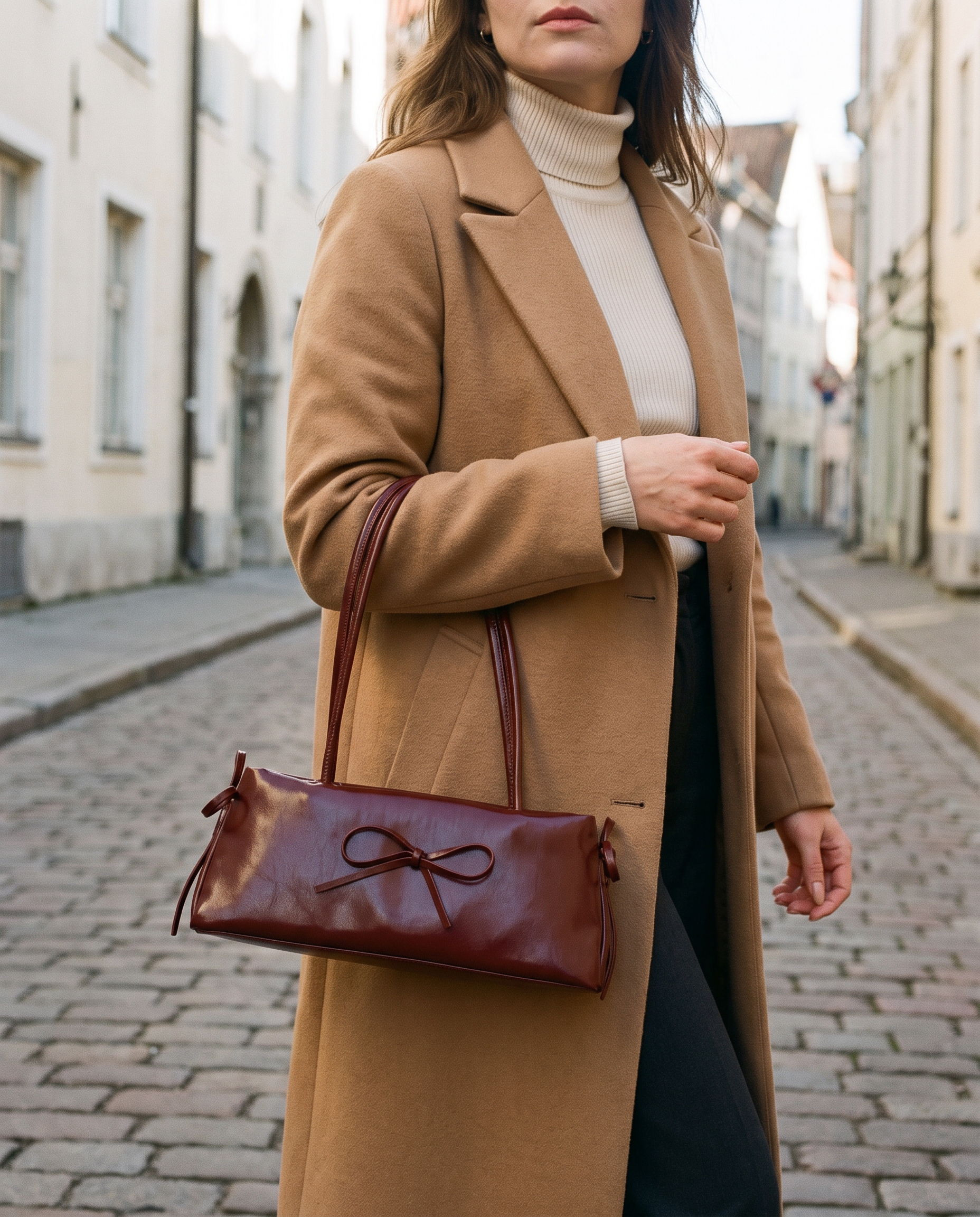 Mujer con el bolso baguette Luna burdeos y abrigo camel