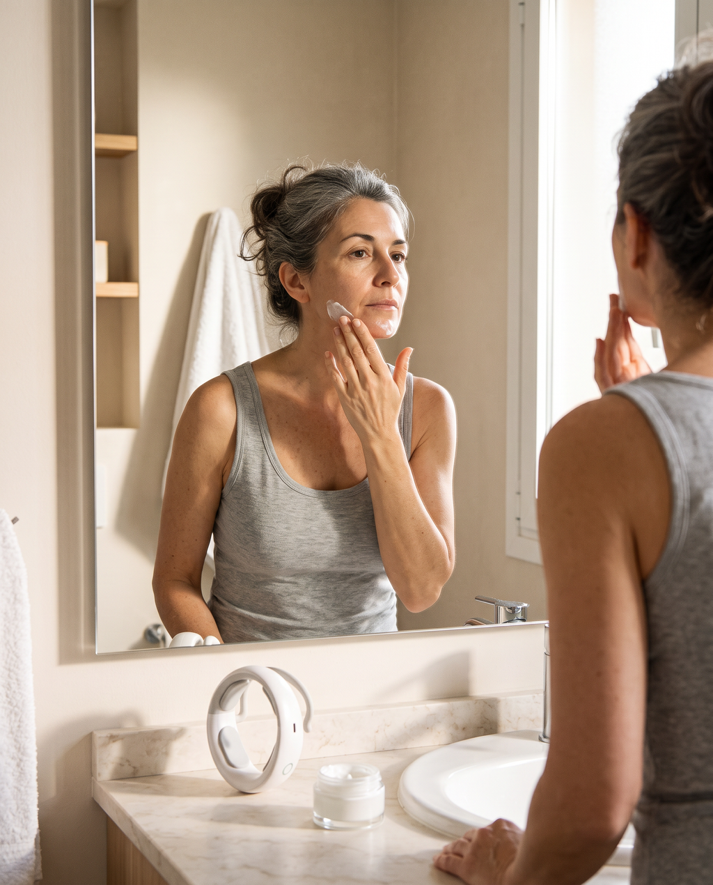 Mujer aplicándose crema antes de usar Casvelo Lift en el baño
