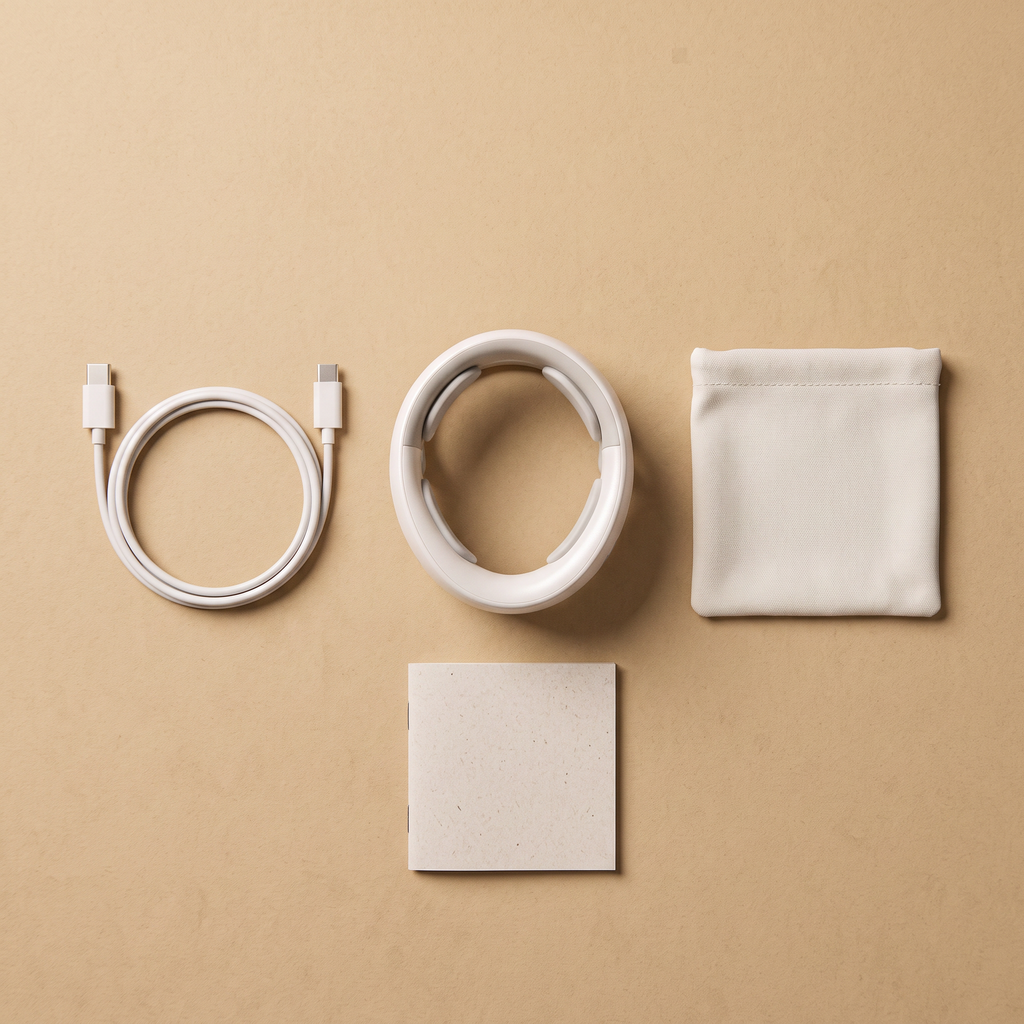 Contenido de la caja de Casvelo Lift: dispositivo, cable USB-C, funda y manual