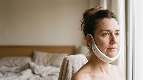 Mujer usando el dispositivo Casvelo Lift bajo la mandíbula junto a la ventana