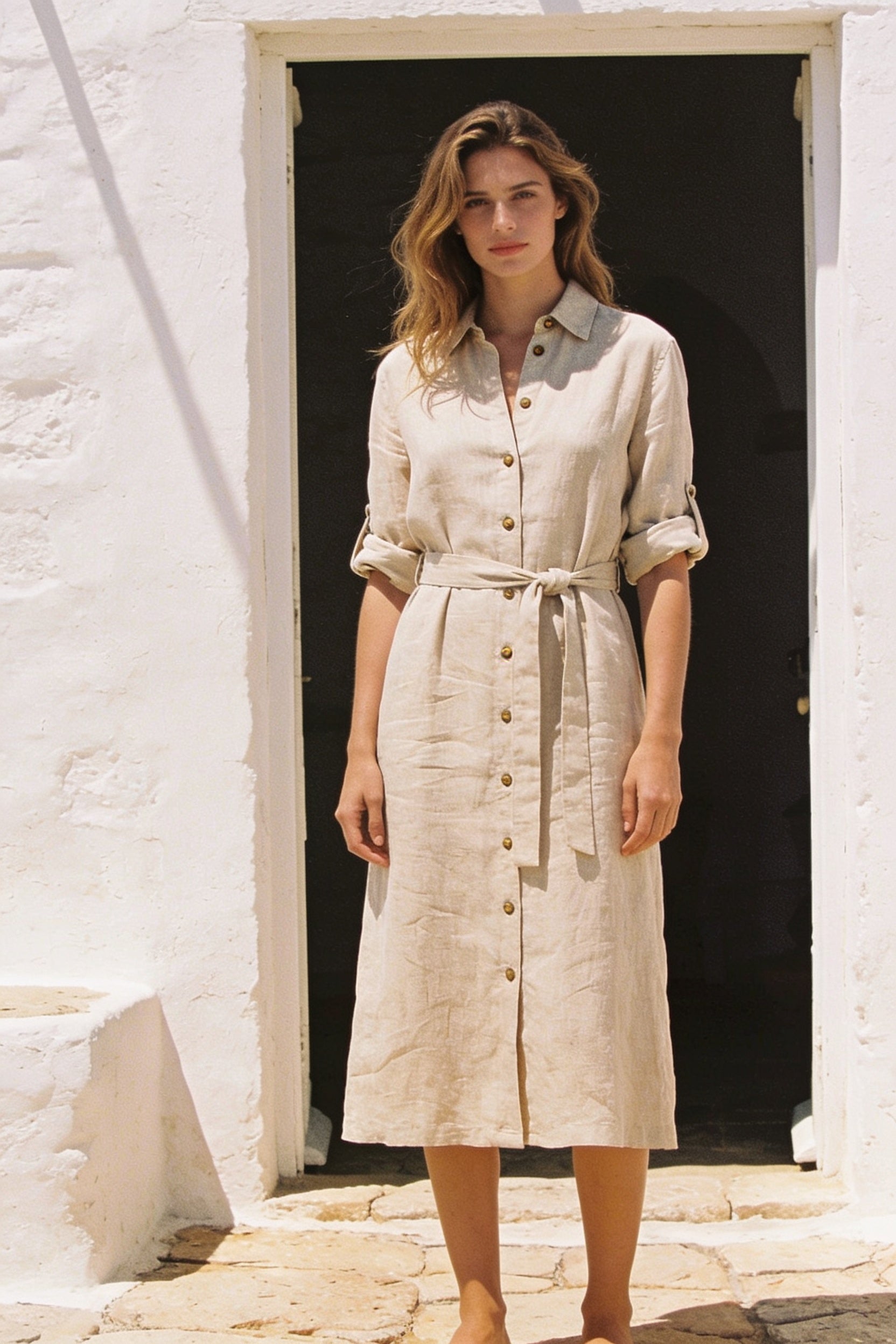 Woman wearing the Vera oat linen-blend shirt dress belted at the waist in Mediterranean daylight