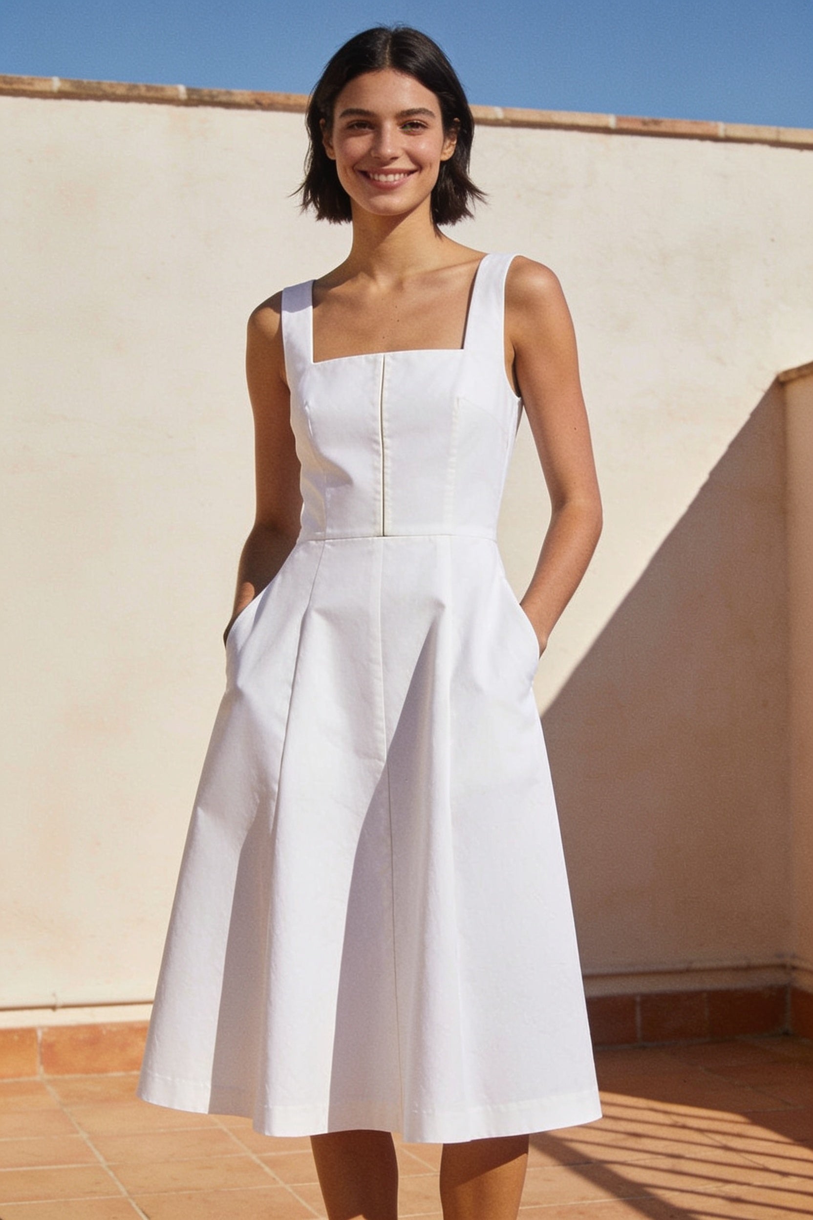 Woman wearing the Marta white cotton poplin sleeveless midi dress with a square neckline on a sunlit terrace