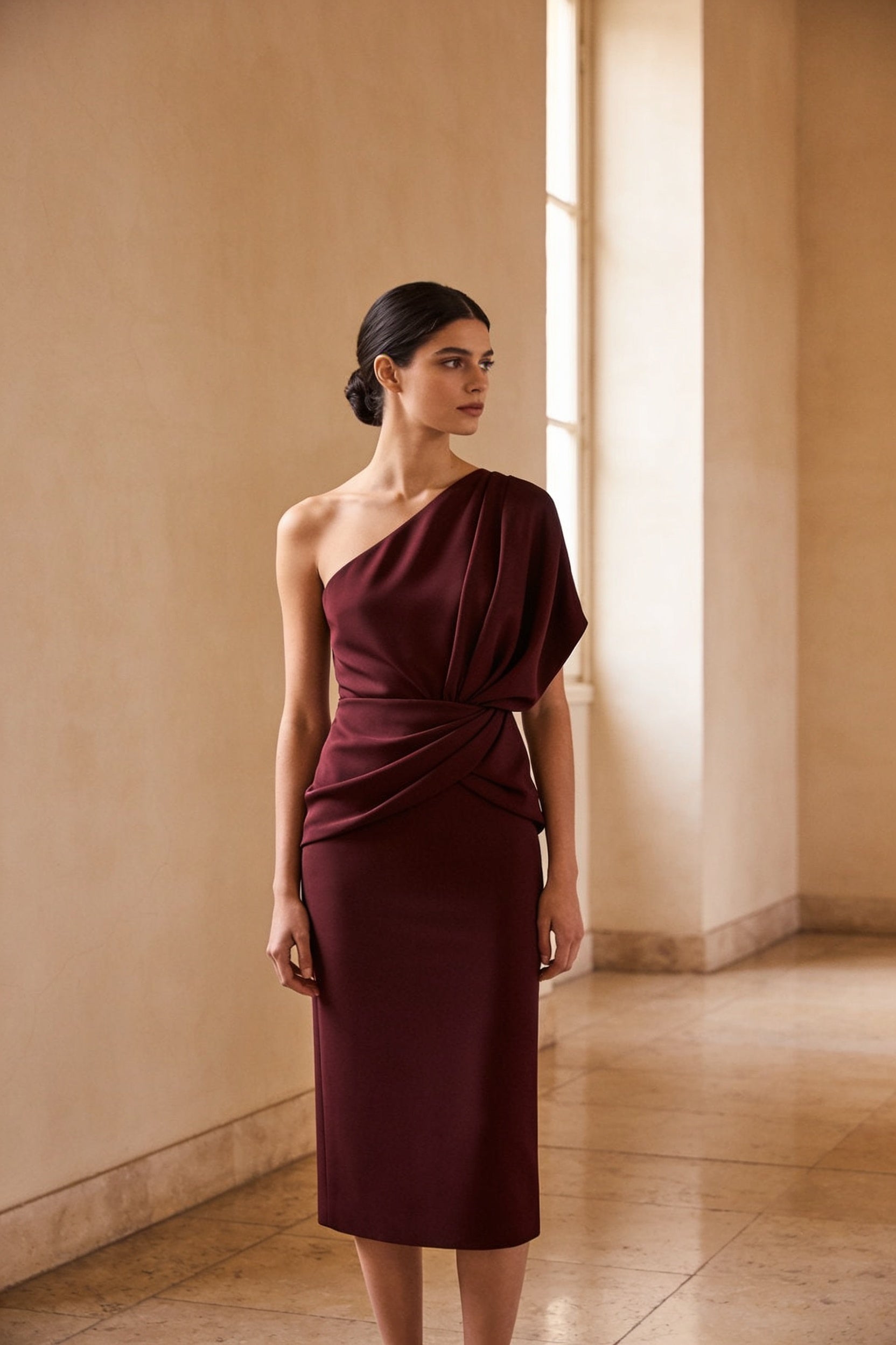 Woman wearing the Ondine bordeaux crepe one-shoulder midi dress with draped waist